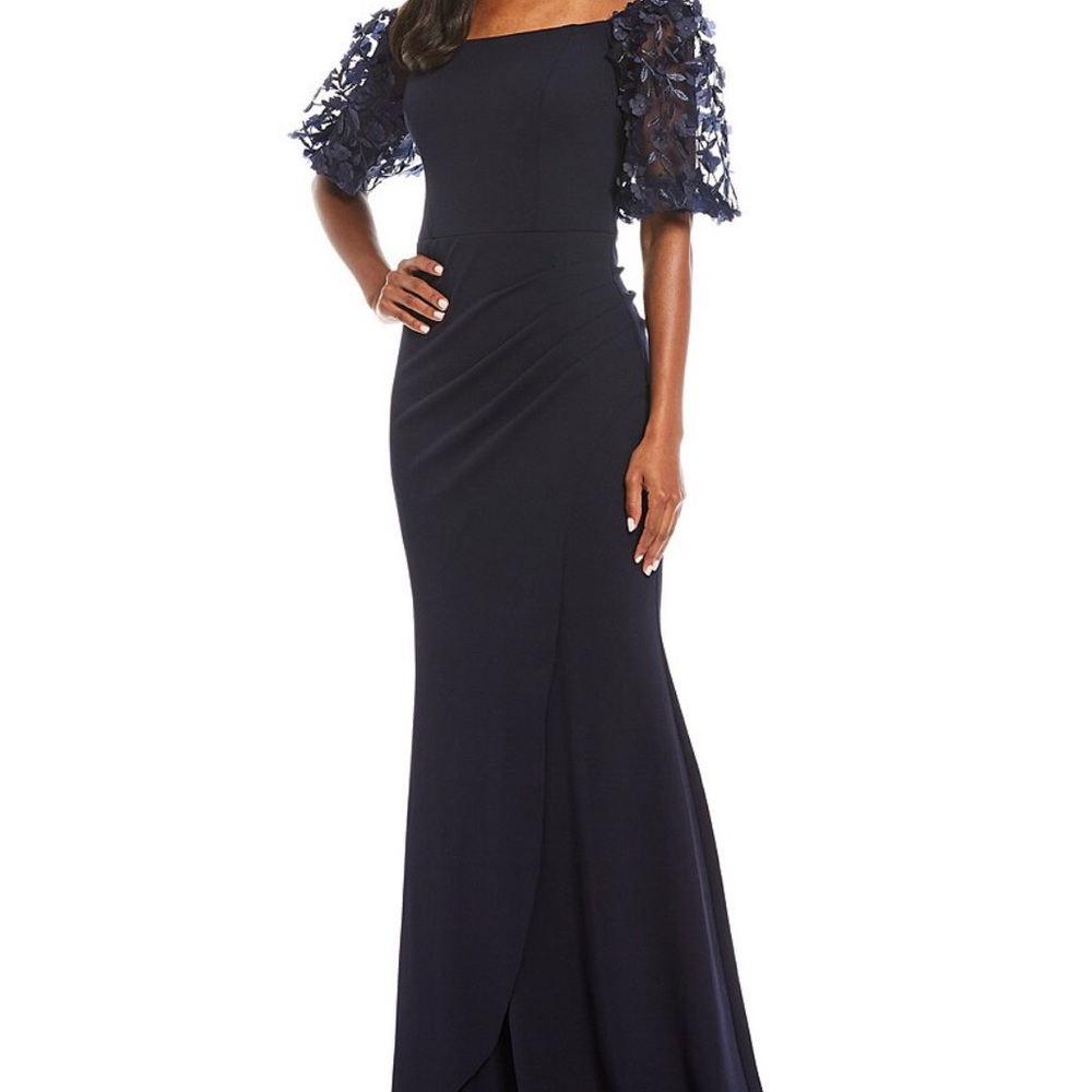3D Flower Applique Off-the-Shoulder Short Puff Sleeve Scuba Crepe Gown